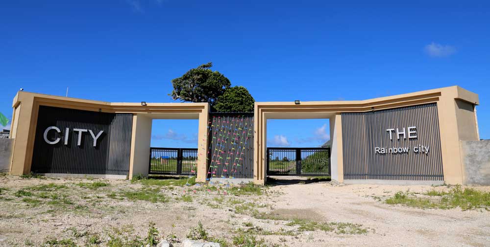 Rainbow City, Tamanu, Efate Island Vanuatu. The gates at the site of the largest construction site in Vanuatu. Supported by private, Chinese-backed investment, it is the biggest residential development in Vanuatu. Photo: RFA