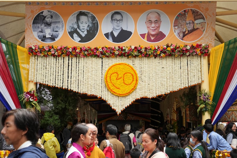 Pictures of Tibetan spiritual leader the Dalai Lama are displayed during celebrations on the 90th birthday of the Dalai Lama at the Main Temple in Dharamsala, India, July 6, 2025.