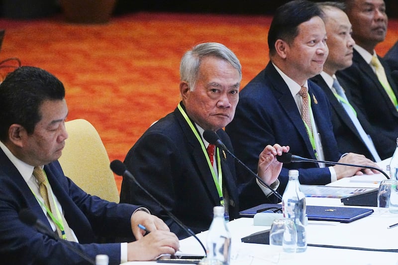 Thai Border Affairs Advisor to the Ministry of Foreign Affairs Prasas Prasasvinitchai, second from left, attends a meeting of the Cambodian-Thai joint commission on demarcation for land boundary in Phnom Penh, Cambodia, June 14, 2025.