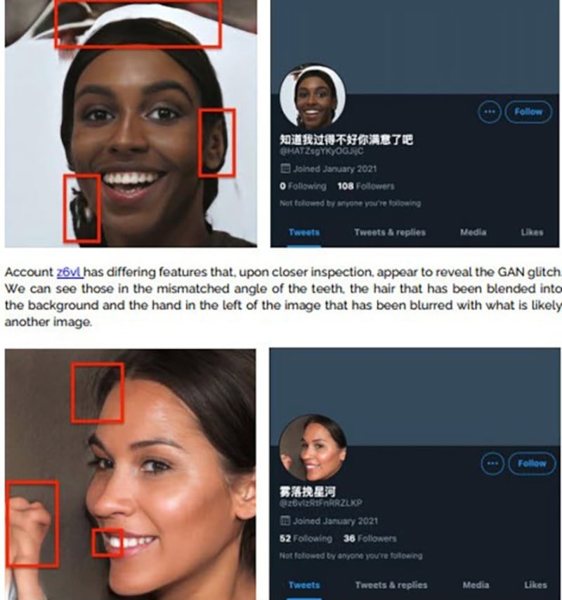 用人工智能生成的“假人”图像,眼睛对齐,且出现细节瑕疵。(Centre for Information Resilience)
