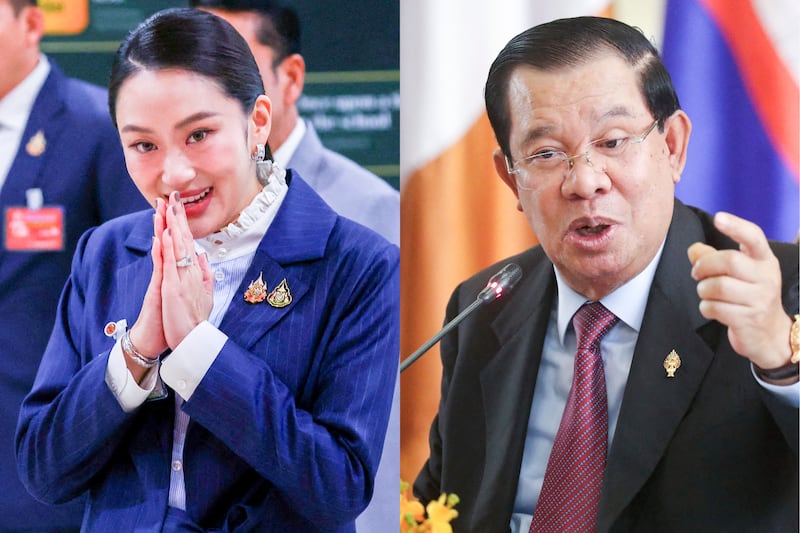 Thailand's Prime Minister Paetongtarn Shinawatra, left, and Cambodia's Senate President Hun Sen.