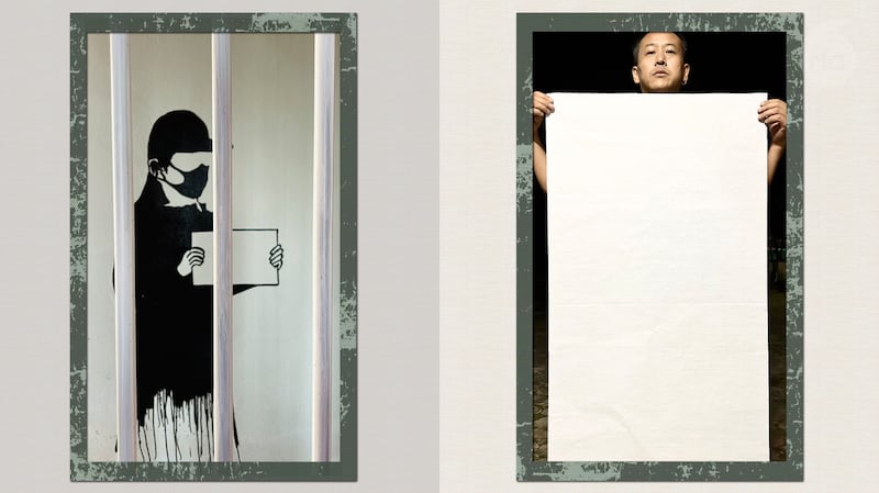 中国艺术家杜应红(右)用一张大白纸声援"白纸运动",他并且画出因举白纸静默抗议而被警察带走的南京女学生李康梦(左)。(杜应红提供)