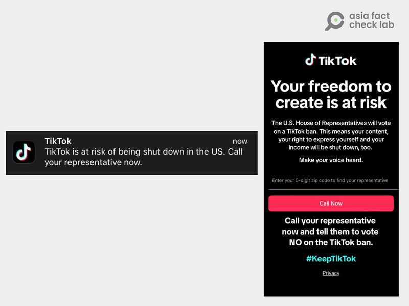 TikTok曾透过应用程序向行动装置发送信息，鼓励其用户致电至国会议员办公室施压，反对被强制出售的法案。图下载自美媒Axios（左）、CBS News（右）