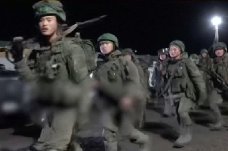 Images made from video released by Russia state media on April 28, 2025, show North Korean troops training in Russia at an undisclosed location.