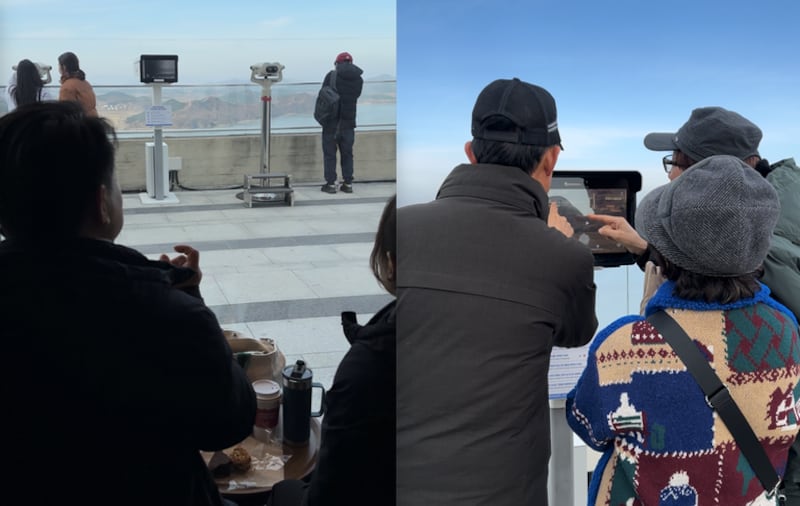 Tourists, left, look out at North Korea while drinking coffee inside the Starbucks in South Korea’s Aegibong Peace Ecological Park in December 2024. At right, tourists look out onto a North Korean village through a telescope screen.