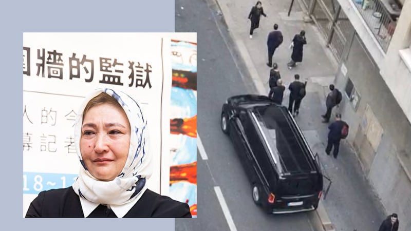 5月8日,習近平訪法結束後隔天,新疆集中營見證人古力巴哈遭到10多名黑衣男子的遣返威脅。(歐洲維吾爾學院主席迪麗努爾X圖)