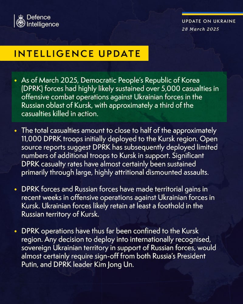 북한군, 러시아 지원 전투서 대규모 피해 – DI 보고서