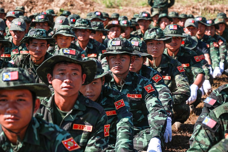 Kayan National Army soldiers take part in a ceremony near Pekon township in Myanmar's Shan state, October 27, 2024.